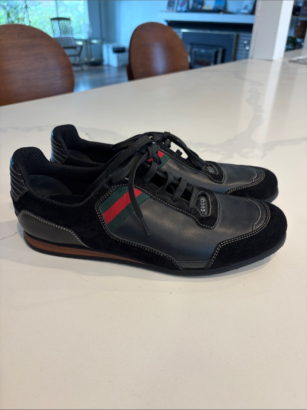 Gucci Guccissma Black Leather & Suede Sneakers with Green and Red Stripe
